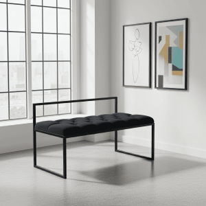 Black Tufted Bench with Backrest 100x40cm – Steel Frame
