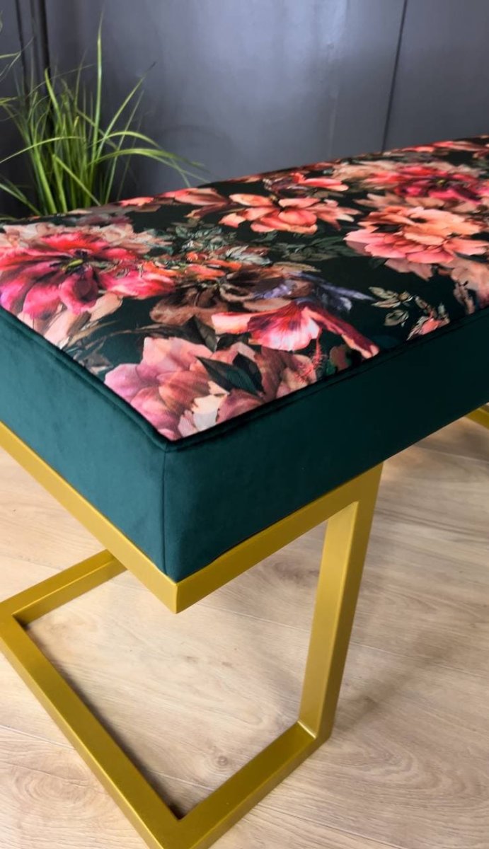 Upholstered Bench with Gold Metal Frame – Floral Velvet Elegance - Image 9